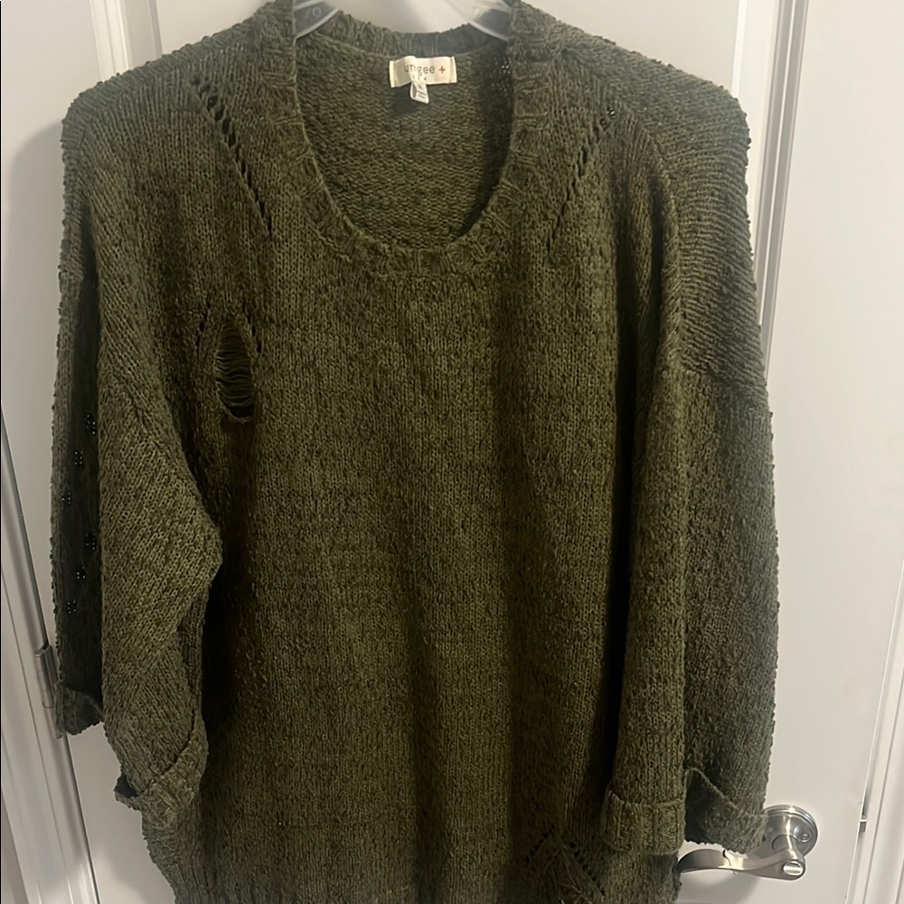 Umgee Green Crew Neck Sweater with Textured Knit